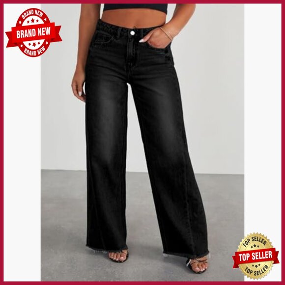 Plus Size Wide Leg Jeans Elastic High Waist Stretchy Raw Hem Denim Pants - Picture 3 of 7